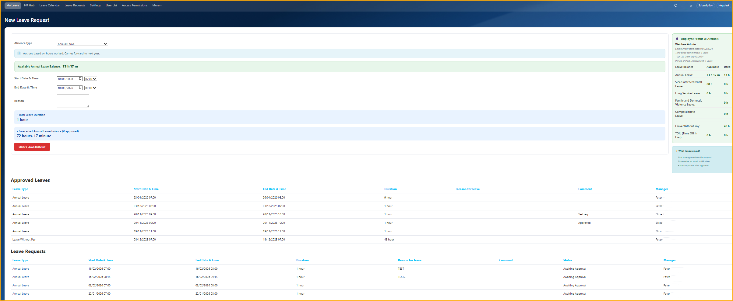 My Leave screen — New Leave Request form
